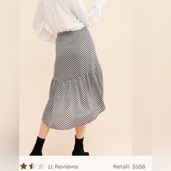 Black + White Dots Midi Skirt dRA. High-low hem Cascading ruffles Banded waist - Picture 5 of 7